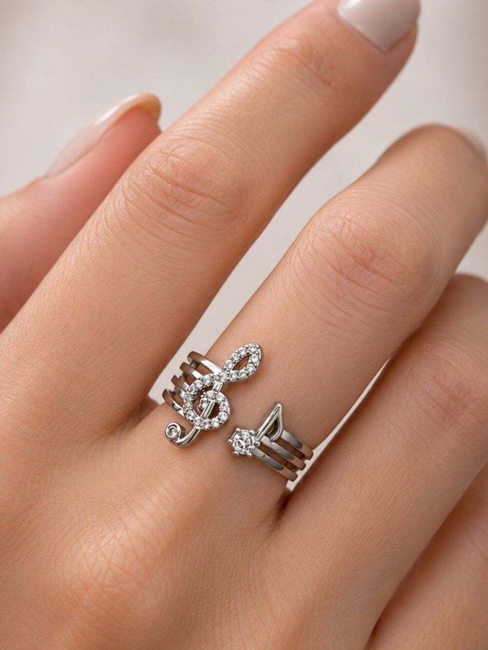 Adjustable Music Note Ring Silver Tone Rhinestone Treble Clef CZ